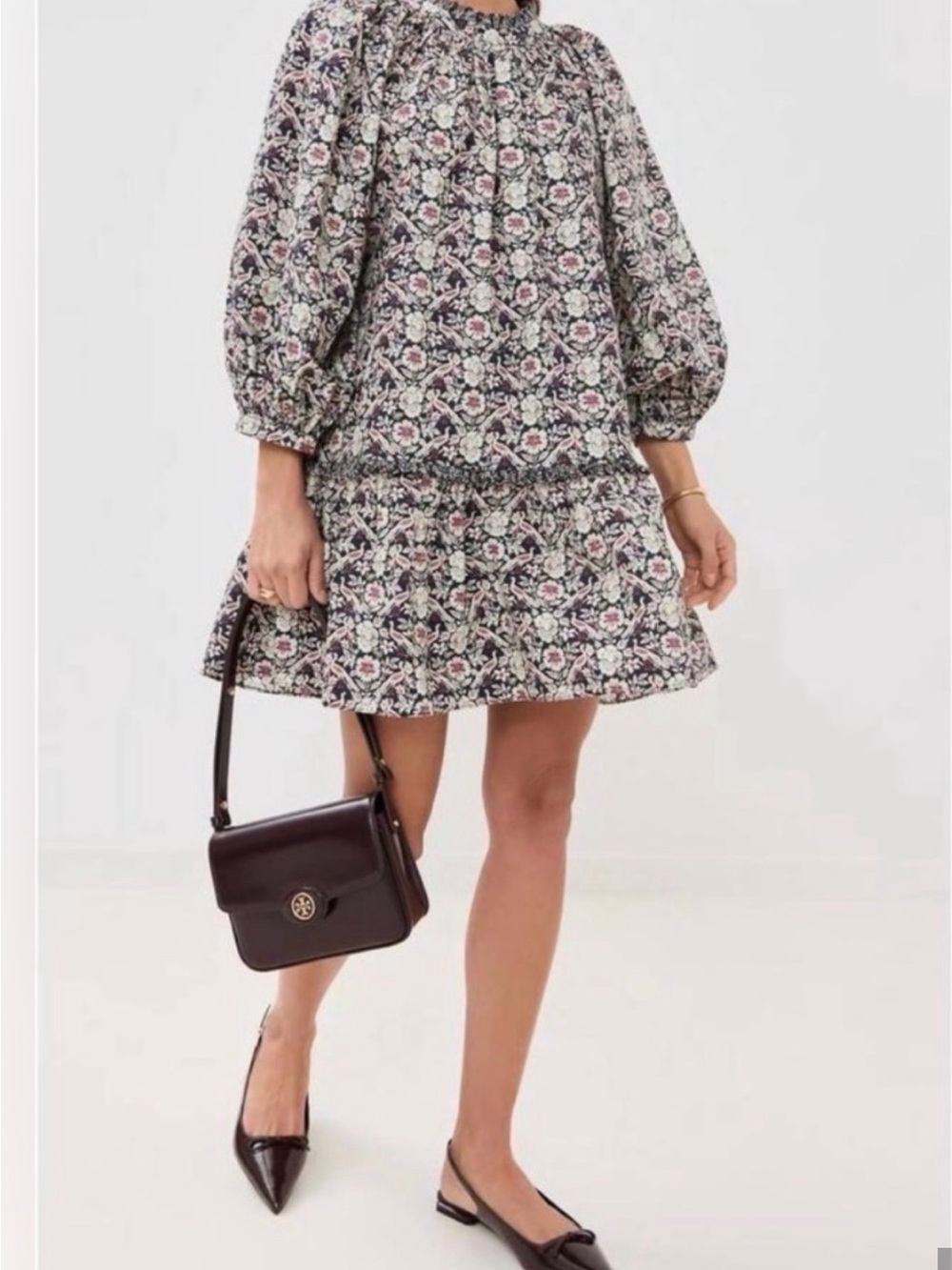 RHODE Black Floral Puff-Sleeve Mini Dress with Pink and Cream Accents
